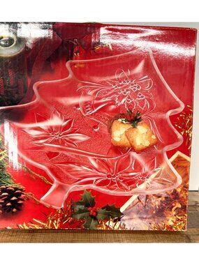 Home Beautiful Holiday Tree-Shaped Glass Serving Platter With Poinsettia Design